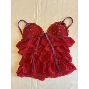 Victorias Secret Pretty Little Things Lingerie Size L Red Embroidery Flowers